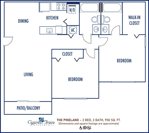 Floor plan for 2 beds, 2 baths, 950 sqft